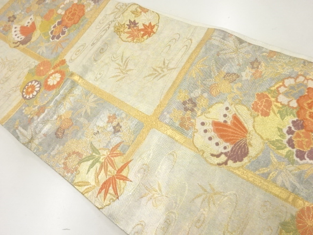 リサイクル　格子に花・蝶模様織り出し袋帯